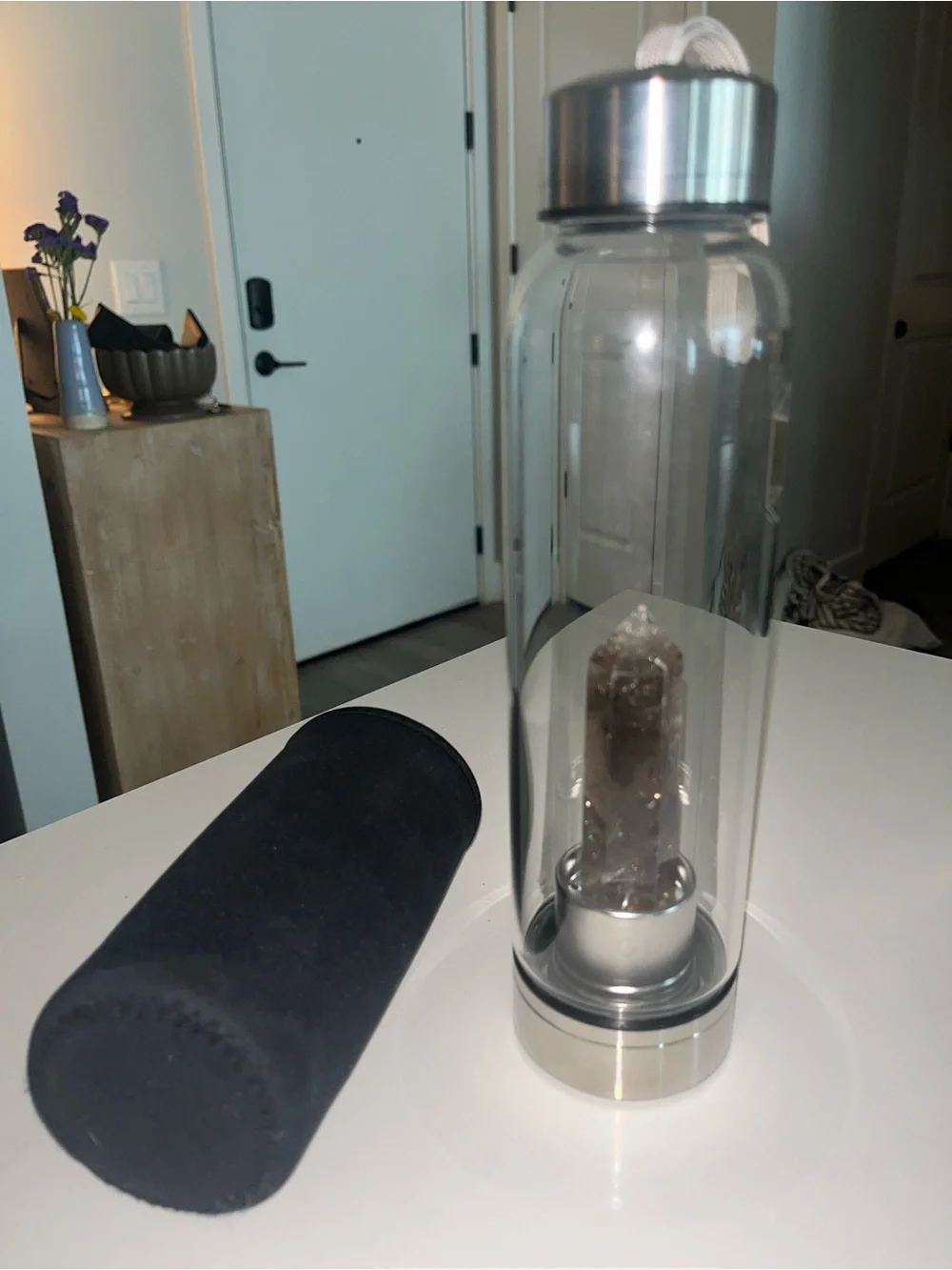 Free People Clear Glass Crystal Infusion Water Bottle with Silver Trim